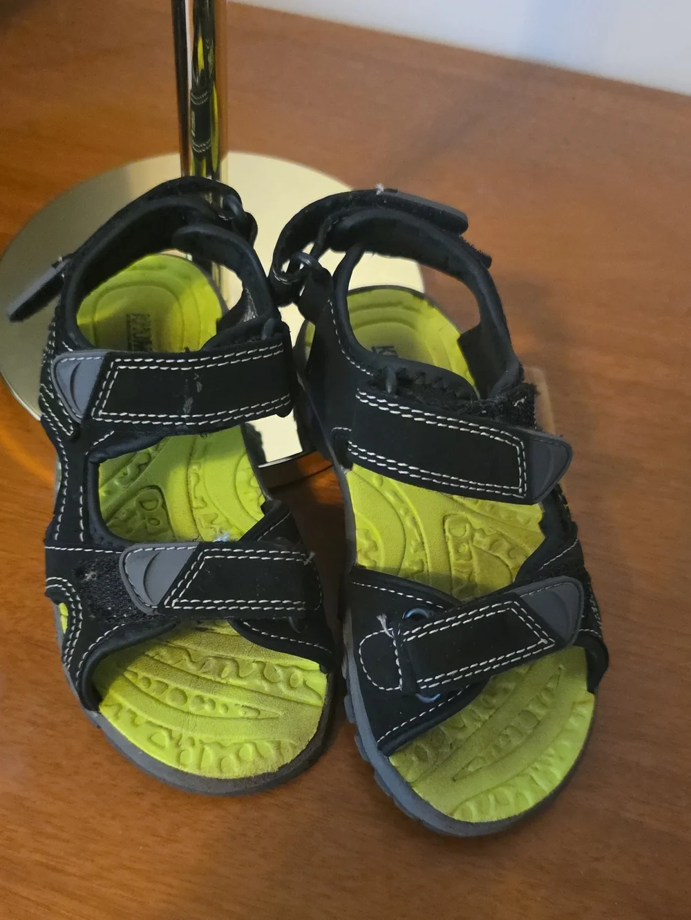 Khombu Black Sandals with Lime Green Insole - Adjustable Velcro